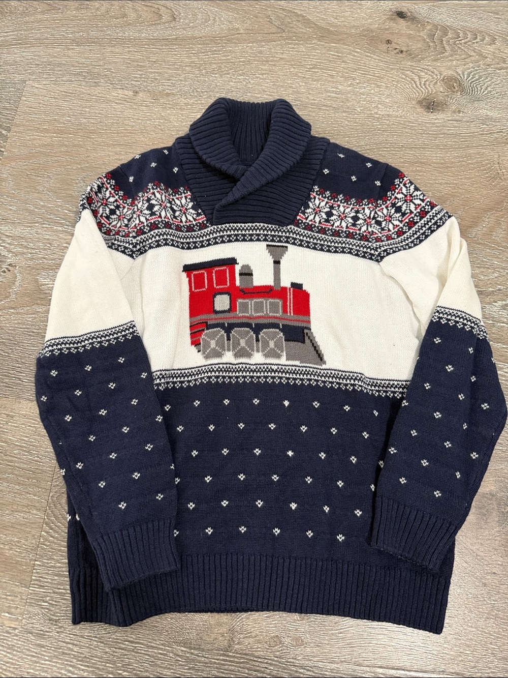 Janie and Jack Navy, Cream & Red Train Shawl-Collar Sweater